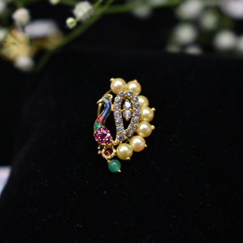 Gold Peacock Nose Ring Nath with Pearls and Stones